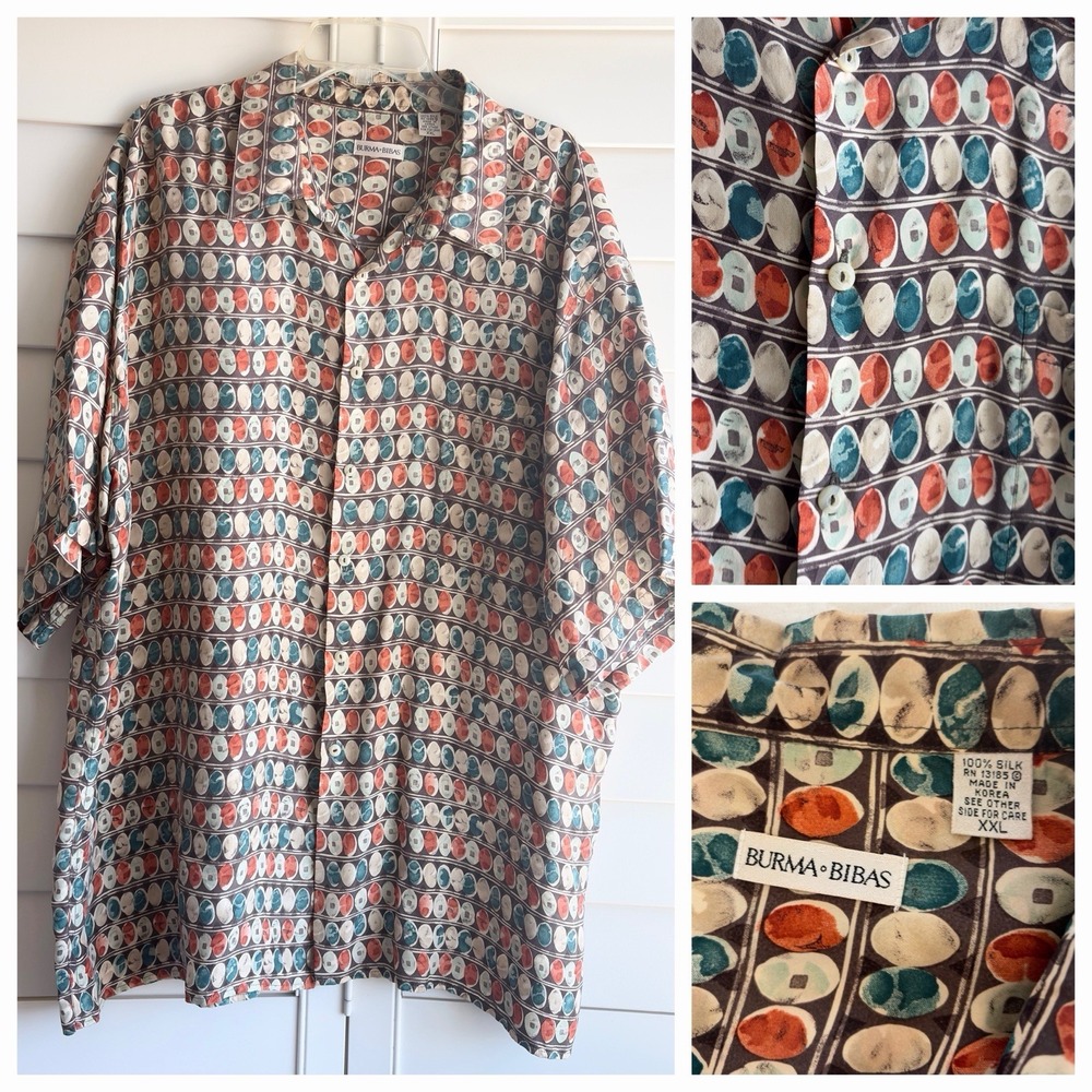 Vtg Burma Bibas Multicolor Geometric Short Sleeve Men Shirt 2XL 100% Silk Unique